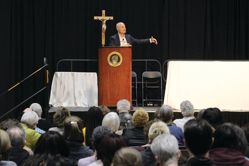 Keynote speaker Matthew Leonard, a Catholic author and apologist engages the large crowd. Local faithful, clergy and religious gather to attend the 57th annual Diocesan Faith Formation Convocation, which centered on the theme of the Eucharist’s role in deepening our relationship with Christ.