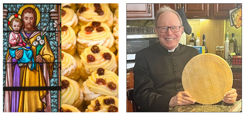Father Henry P. Zinno, pastor of St. Mary’s and Our Lady of Mount Carmel Parish in Bristol smiles in his rectory kitchen at Mount Carmel with his favorite cutting board, which reads “He who eats prays twice.”