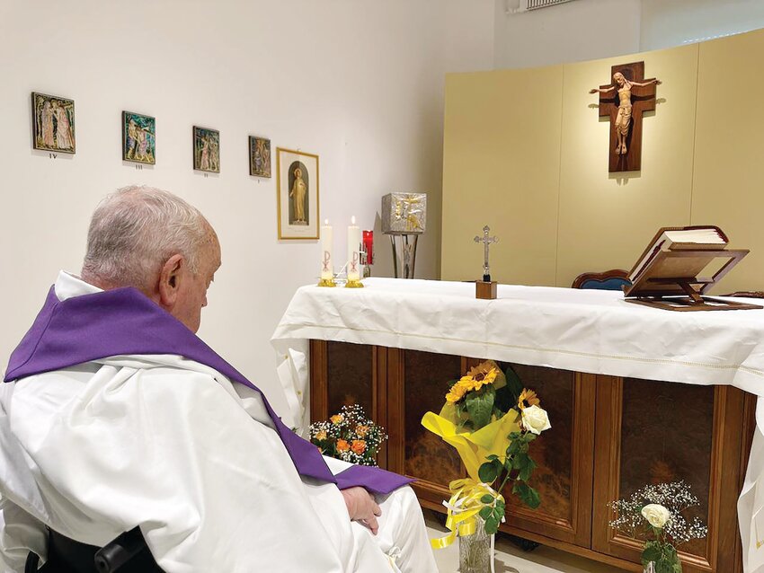 Pope Francis is seen in the chapel of his suite of rooms at Rome's Gemelli hospital March 16, 2025. The Vatican press office said the 88-year-old pope concelebrated Mass that morning.