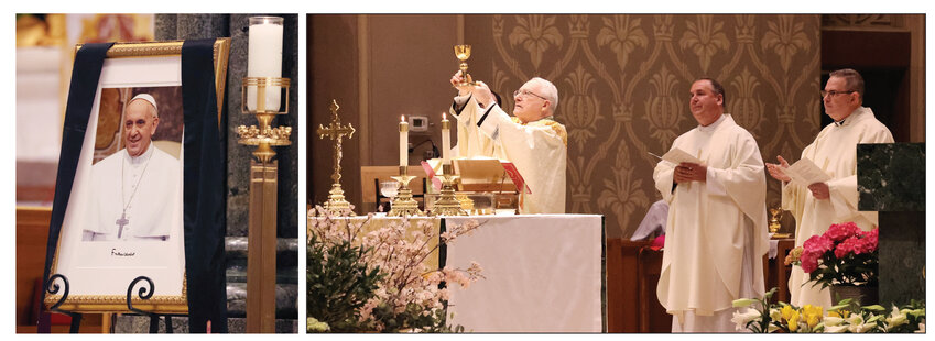 An image of Pope Francis is placed beside a candle in the sanctuary of the Cathedral of SS. Peter and Paul hours after his death as former Auxiliary Bishop Robert C. Evans celebrates noon Mass on Easter Monday with Diocesan Administrator Msgr. Albert A. Kenney, left, and Father Robert E. Lacombe, homilist.