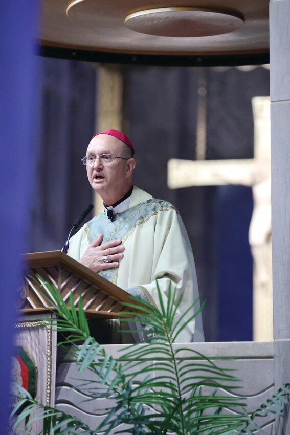 Bishop Bruce Lewandowski delivers a heartfelt homily at his farewell Mass at the grand Cathedral of Mary Our Queen in Baltimore on Sunday, May 4.