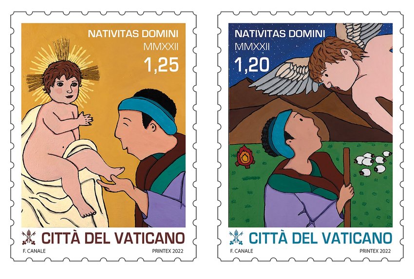 These two Vatican Christmas stamps were painted by Francesco Canale, an artist born without arms or legs who paints holding a brush between his teeth. The &euro;1.20 Christmas stamps will go on sale at the Vatican post office Nov. 16, 2022