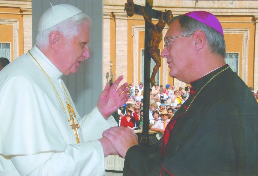 Pope Benedict XVI and Bishop Thomas J. Tobin speak at the conclusion of a general audience at St. Peter&rsquo;s Basilica in Rome Oct. 3, 2007. Bishop Tobin was present for the ordination of seminarians to the Diaconate, including two from the Diocese of Providence.