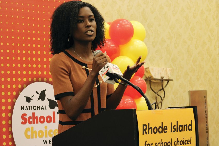 Keynote speaker Hera Varmah, communications director for the National Federation for Children, speaks at the School Choice Fair held at the Crowne Plaza in Warwick on January 22. In her speech, Varmah recalled how school choice played a big role in her and her siblings&rsquo; overcoming poverty.