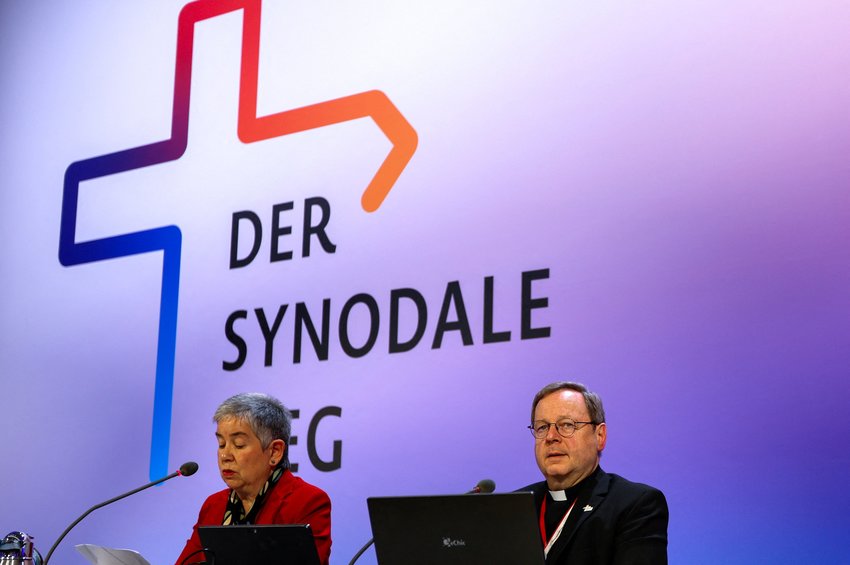 Irme Stetter-Karp, president of the Central Committee of German Catholics and co-chair of the Synodal Path, and Bishop Georg B&auml;tzing, president of the German bishops' conference, attend the fifth synodal assembly in Frankfurt March 9, 2023.