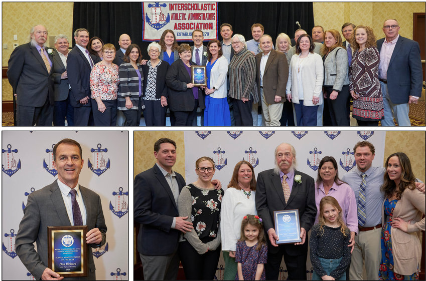 Pictured clockwise from top: Employees, former employees, alumni and friends of SRA with School of the Year Award; Tom &ldquo;Saar&rdquo; Sorrentine with his family and the Lifetime Achievement Award; Dan Richard with Administrator of the Year.