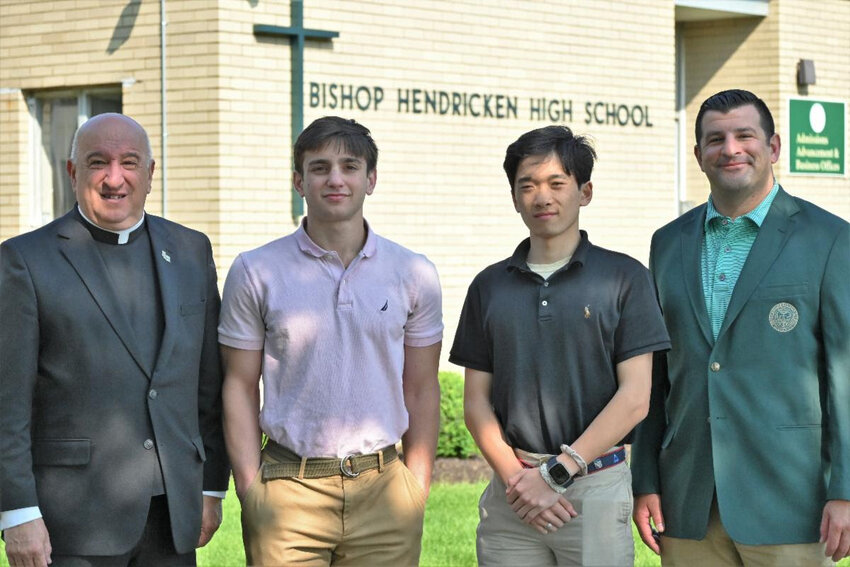 Two seniors from Bishop Hendricken High School have earned appointments to the U.S. Air Force &amp; U.S. Naval Academies. Pictured from left, Father Robert L. Marciano, president, Christien Monello, Robert Connor Shao, Mark DeCiccio, principal.