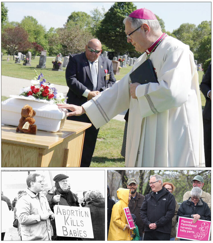 At top, in June 2015 in a simple, but dignified ceremony in a section of Gate of Heaven Cemetery set aside for the repose of babies, Bishop Thomas J. Tobin presided over a Christian burial service for the unborn child he named &ldquo;Francis,&rdquo; fulfilling a commitment he made to officials five months before after a fetus was found floating amid the sewage at a nearby wastewater treatment facility. The tiny white casket, with &ldquo;Baby Francis 2015&rdquo; inscribed on a gold plaque affixed to one end, and flanked by flowers and a small teddy bear, rested upon a portable pine altar as the burial service was conducted. Because of Bishop Tobin&rsquo;s support and prayers, the Office of Life and Family Ministry continues to grow here in the diocese. With his appointment as bishop, he brought a new perspective to the ministry by founding the Human Life Guild in 2005, that has encouraged all people of life to stand in solidarity and to have an unconditional commitment to human life in its earliest stages in the womb, in every condition, every stage and every circumstance up to natural death.