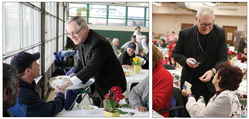 Above, left, Bishop Thomas J. Tobin serves Easter dinner to guests at the diocesan Emmanuel House Emergency Shelter in 2014. Above, right, Bishop Tobin distributes prayer cards to seniors during a Christmas visit to St. Martin de Porres Center in Providence on Thursday, Dec. 15, 2022. Bishop Tobin told the seniors that he prays that God will continue to bless them. &ldquo;It&rsquo;s comforting to know that in the birth of Jesus, God is with us and that makes all the difference in the world. That&rsquo;s why in this Christmas season we can celebrate so well with joy, with peace and with hope &mdash; because of the promise that God is always with us.&rdquo;