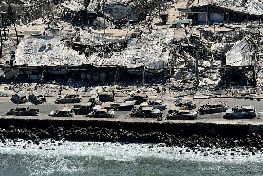The shells of burned houses and buildings are left after wildfires driven by high winds burned across most of the town in Lahaina, Hawaii, Aug. 11, 2023. Lahaina&rsquo;s Maria Lanakila Catholic Church was spared from the flames that wiped out most of the surrounding community.