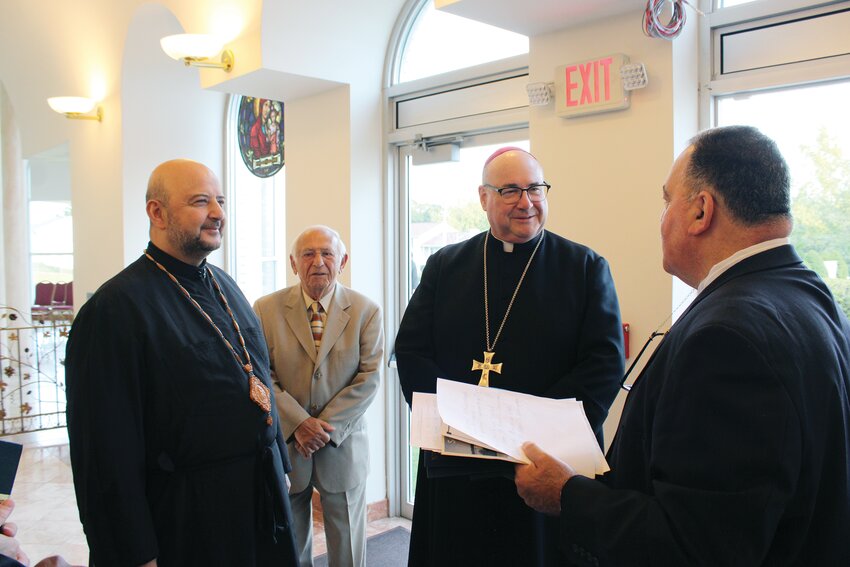 Parishioners and local clergy gather at St. Basil the Great Melkite Greek Catholic Church to welcome Bishop Richard G. Henning, Bishop of Providence (of the Latin Church sui iuris), and Bishop Fran&ccedil;ois Beyrouti, the Melkite Greek Catholic bishop of the eparchy of Newton, Massachusetts.
