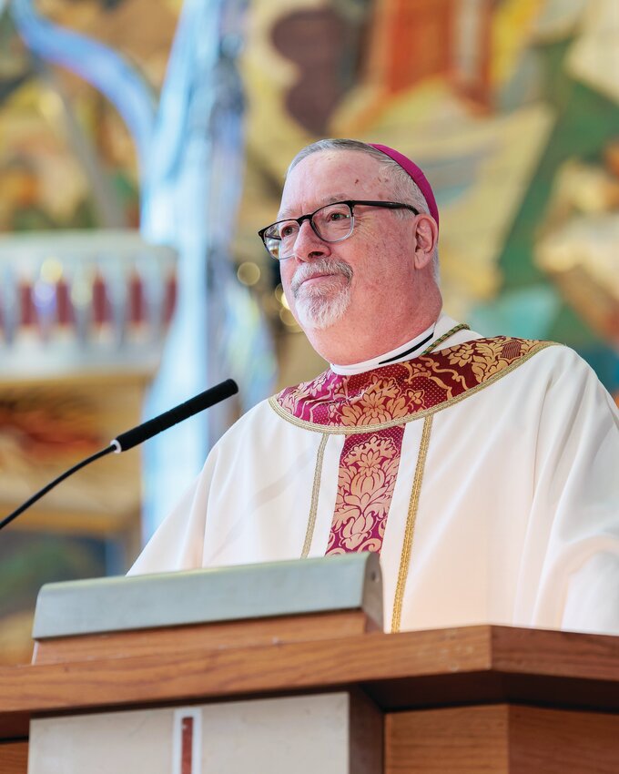 Coadjutor Archbishop Christopher J. Coyne smiles as he delivers the homily during a Mass of welcome at the Cathedral of St. Joseph in Hartford, Conn., Oct. 9, 2023. Archbishop Coyne, the former bishop of Burlington, Vt., will serve alongside Archbishop Leonard P. Blair of Hartford and will succeed him automatically when he retires.