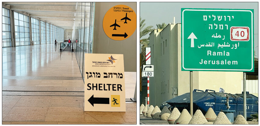 ATTACK ON ISRAEL: Signs directing air travelers arriving at Ben Gurion International Airport outside Tel Aviv, Israel, to bomb shelters should an air raid alert sound are prominently placed throughout the facility. Air travel has been down significantly since the attack on Israel by Hamas on October 7.