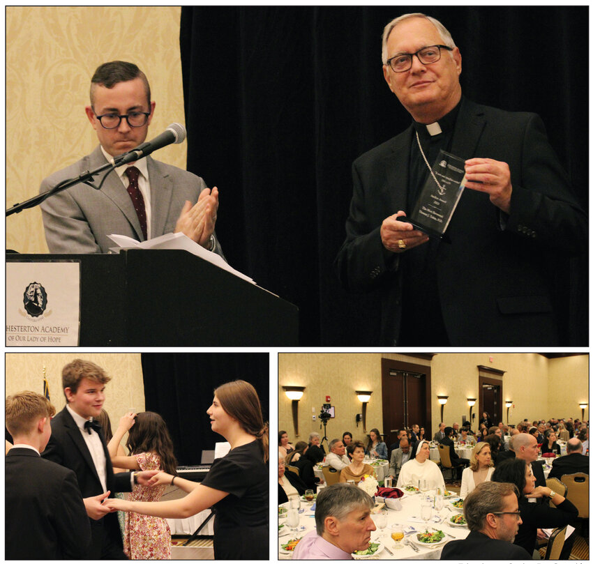 Students, families and employees of the Chesterton Academy gather at the Crowne Plaza along with supporters and local clergy to celebrate their first annual gala. At top, Bishop Emeritus Thomas J. Tobin, who approved the founding of the school, was honored with the Anchor Award, given to those who exemplify Chesterton Academy&rsquo;s values or who have helped the school in a notable manner.