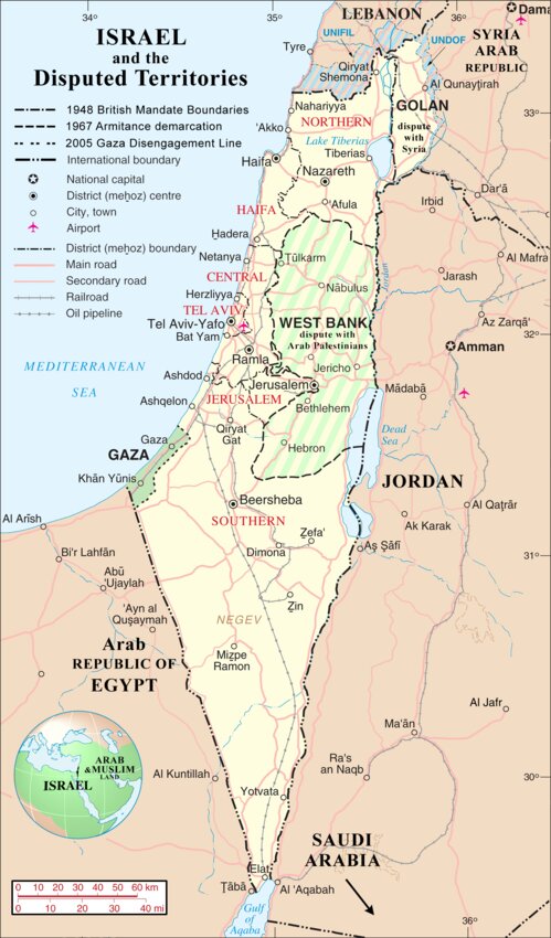 A cartographer&rsquo;s view of Israel, the Palestinian West Bank and Gaza, as well as the Golan Heights.