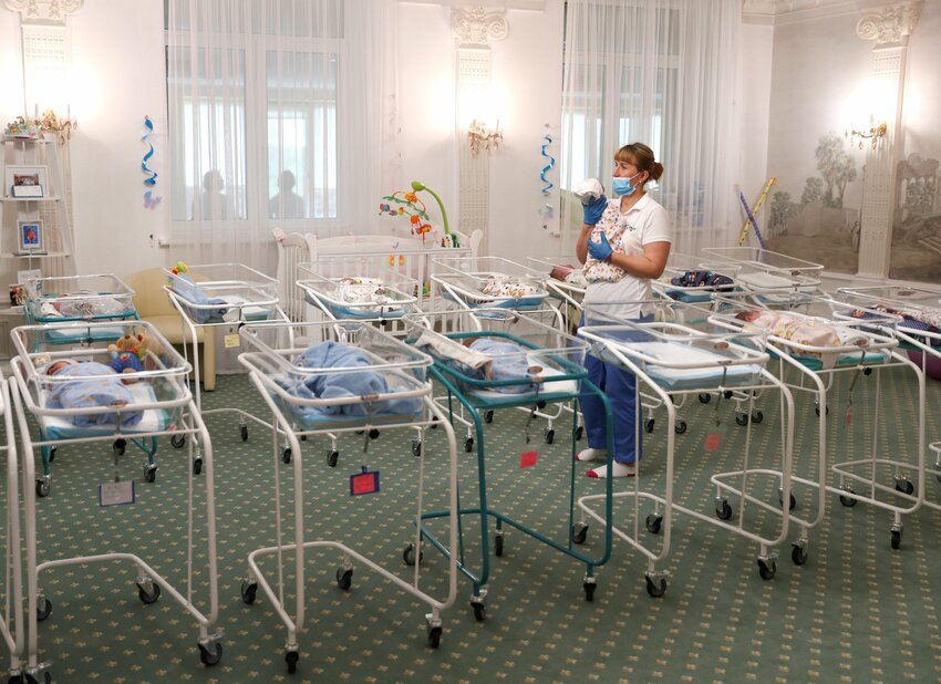 A nurse and newborns are seen in the Hotel Venice, which is owned by BioTexCom, a surrogacy agency in Kyiv, Ukraine, May 14, 2020. Pope Francis told diplomats Jan. 8, 2024, that he finds surrogacy &ldquo;deplorable&rdquo; and would like to see the practice universally banned.