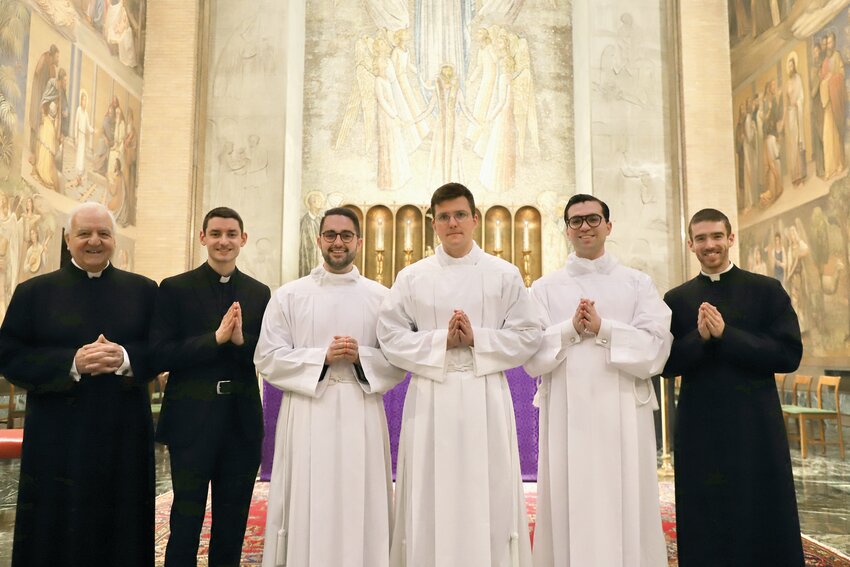 On March 3, Diocesan seminarians Stephen Coutcher, Nathan Ledoux and Mateusz Puzanowski received the Ministry of Acolyte in the Chapel of the Immaculate Conception at the Pontifical North American College. Pictured, from left to right are Msgr. Carlo Montecalvo, Father Patrick Ryan, Ledoux, Puzanowski, Coutcher and Deacon Joseph Brodeur.