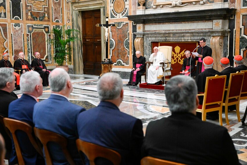 Pope Francis meets with members of the Dicastery for Evangelization's section for new evangelization during their plenary assembly at the Vatican March 15, 2024.