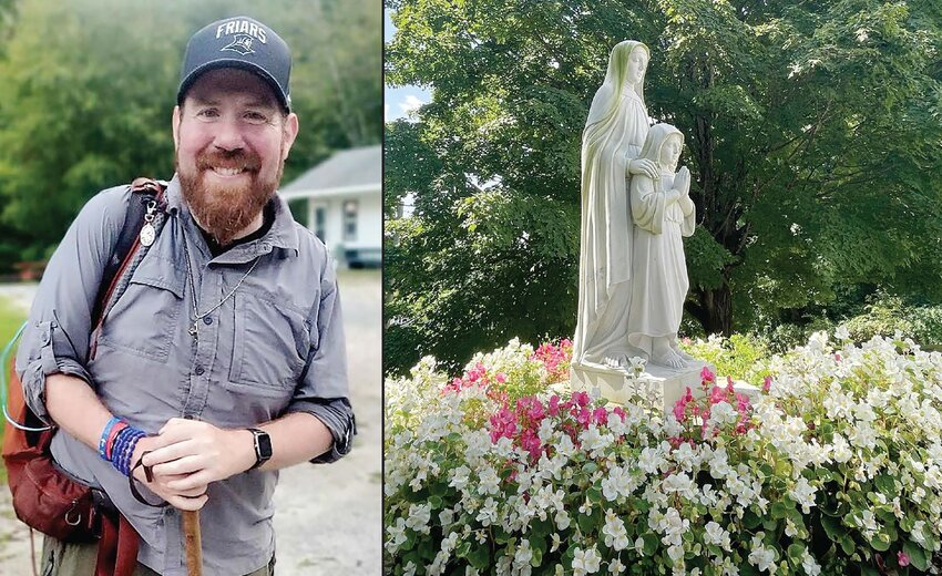 Ladened with backpack and hiking gear, Glenn Dupont prepares for a day’s walk on his 40-day pilgrimage from Providence to the Basilica of the National Shrine of the Immaculate Conception in Washington, D.C. for the Dominican Rosary Pilgrimage on September 28. On his travels, pilgrim Dupont prays for a multitude of intentions from friends, family members and others asking for prayers. Dupont made a stop at St. Anne Shrine in Sturbridge on August 26, above.