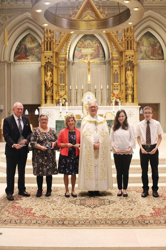 Pictured from left are the Human Life Guild Award winners with Bishop Emeritus Thomas J. Tobin: Denis Coffey, St. Barnabas, Portsmouth; Carol Larivee, St. Mary, Providence; Valerie Sistare, St. Pius X Westerly; Isabella Cerbo, St. Joseph, West Warwick; and Andrew Geiser, St. Luke, Barrington.