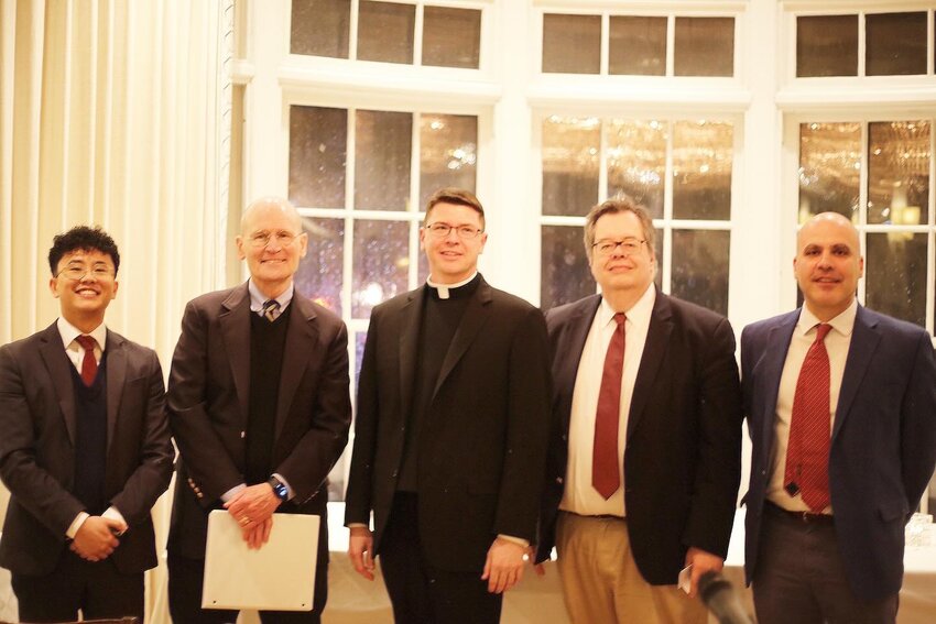 From left, Peter Nguyen, executive director, St. Thomas More Teaching Fellows; Francis X. Maier, senior fellow, Ethics and Public Policy Center; Father Ryan W. Connors, rector, Our Lady of Providence Seminary; Dr. James Keating, director, Humanities Program at Providence College; and Darryl De Marzio, executive director, Portsmouth Institute.