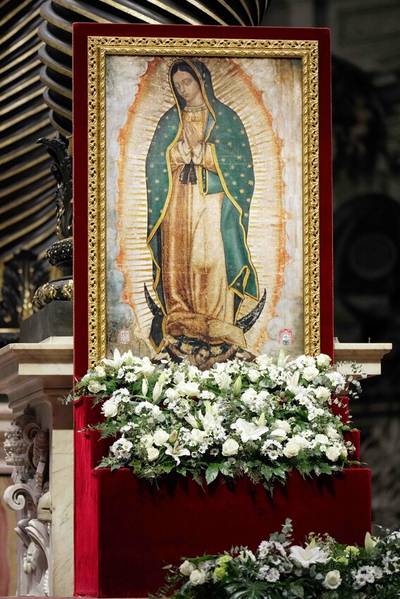 An image of Our Lady of Guadalupe is seen near the main altar of St. Peter's Basilica at the Vatican prior to the start of a Mass celebrated by Pope Francis on her feast day, Dec. 12, 2024.