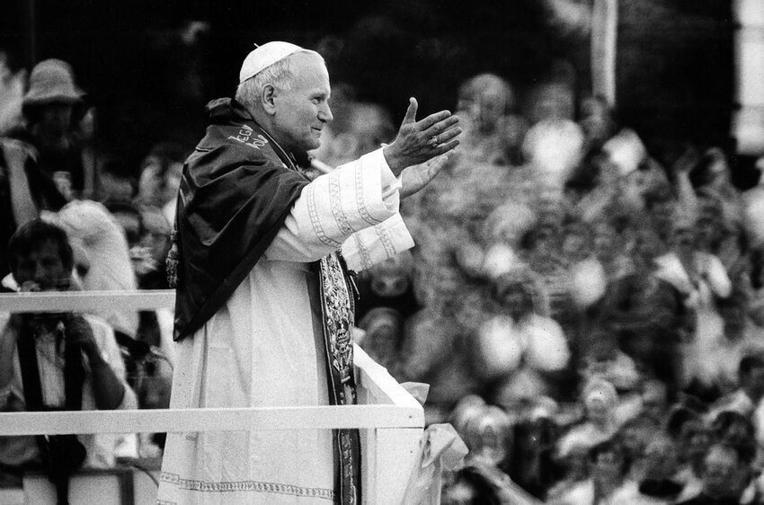 St. John Paul II greets the crowd in Czestochowa during his 1979 trip to Poland. The pontiff later became St. John Paul II when he was canonized April 27, 2014.