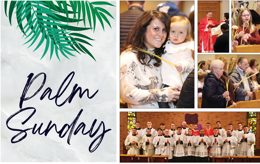 Local Catholics gathered for Palm Sunday Masses at parishes throughout the Diocese of Providence. Pictured at right center, Msgr. Albert A. Kenney, diocesan administrator, celebrated Holy Mass for Palm Sunday of the Passion of Our Lord at Holy Apostles Church, Cranston. At right, Father Nathan J. Ricci, J.C.L., vice chancellor of the Diocese of Providence celebrated Palm Sunday Mass at Our Lady of Providence Seminary, with Father Ryan Connors, S.T.D., Rector, concelebrating. The Mass began with the blessing of the palms and a procession with all the OLP seminarians around the seminary into the chapel, and included the solemn chanting of the Passion Narrative. Palm Sunday marks the beginning of Holy Week and commemorates the triumphant arrival of Christ in Jerusalem, days before he was crucified.