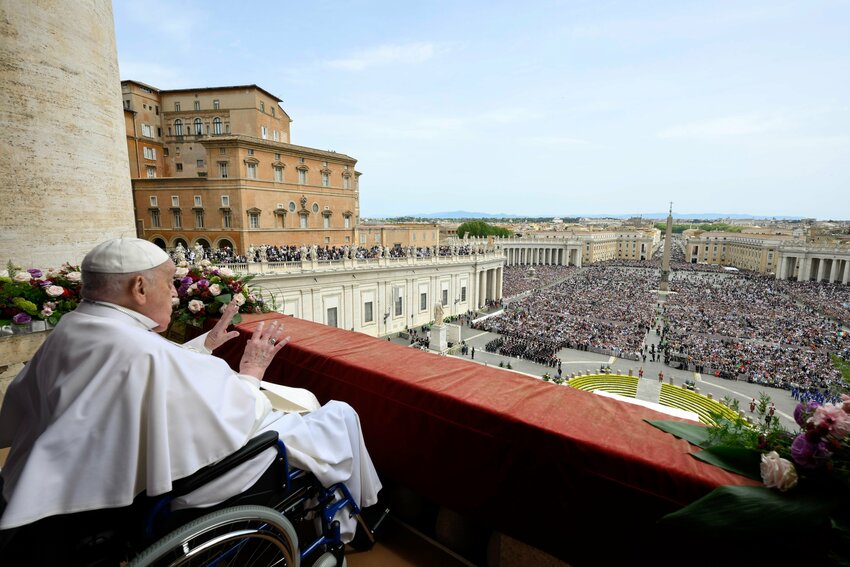 Pope Francis appears on the central balcony of St. Peter&rsquo;s Basilica to deliver his Easter blessing &ldquo;urbi et orbi&rdquo; (to the city and the world) at the Vatican April 20, 2025.