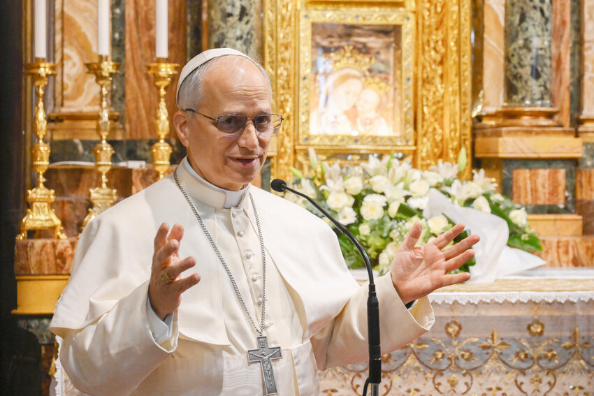 Pope Leo XIV leads prayers at the Shrine of Our Lady of Good Counsel in Genazzano, Italy, southeast of Rome, May 10, 2025. The shrine, with a famous image of Mary, is run by the pope's Augustinian confreres.