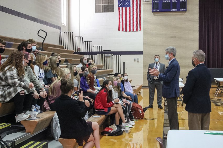 Congressman Jeff Fortenberry and State Senator Mark Kolterman speak to Milford seniors during an assembly on Oct. 15.