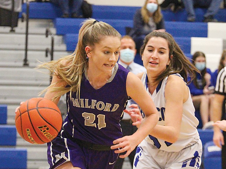 Taylor Roth of Milford brings the ball out of lane as she's pursued by Kiley Rathjen of Centennial Dec. 18.