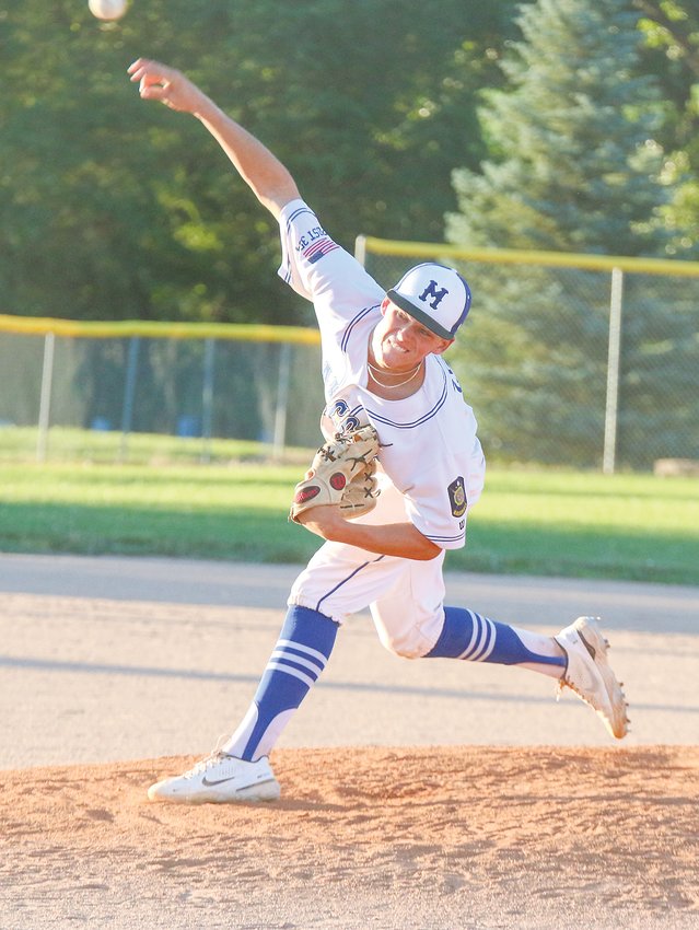 Conner Zegar of Malcolm delivers a pitch against Utica/Beaver Crossing/Friend during July 1's game at Malcolm.