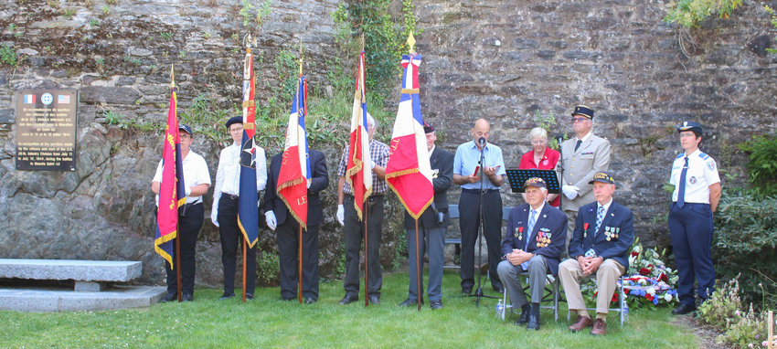 The Liberation Day ceremony at St. Lo included a color guard (half are shown here), speakers and two World War II veterans, one age 97 and the other 102. Both were in the 29th Division.