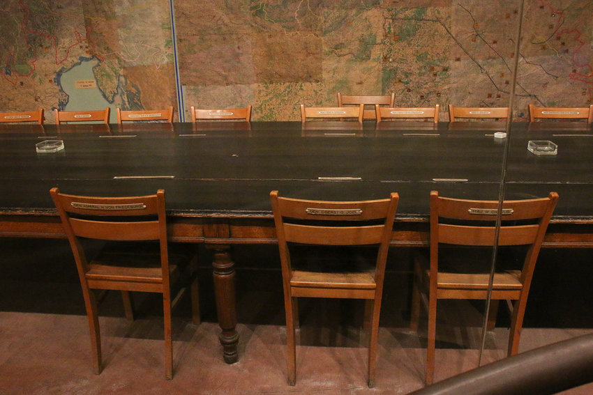 Gen. Oberst Jodl of Germany sat in the center chair on this side of the table to sign the official surrender in 1945.