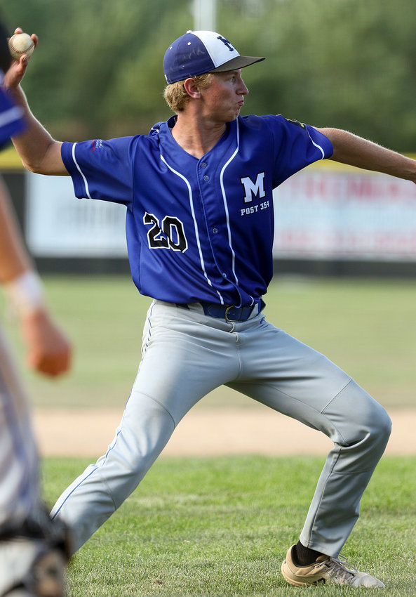 Malcolm's Brayden Boehle throws out a Louisville-Weeping Water batter July 23 during senior legion district play in Yutan.