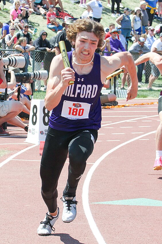 Caden Nelson gets a good start in the 4x100-meter relay May 20. He also ran in the 110-meter hurdles.