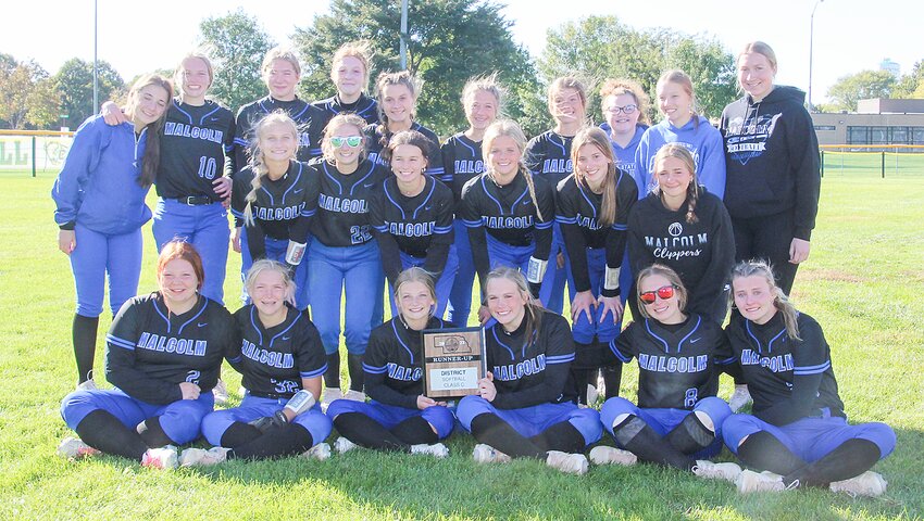 The Malcolm softball team finished as the district runner up Oct. 7. Team members include, from left: (first row) Carmen Vrbka, Luci Brockhaus, Anna Schweitzer, Ava Helms, Jhordyn Kirkpatrick and Keira Farritor; (second row) Jordan Small, Morgan Tiedeman, Emery Endicott, Jessica Sandell, Karli Farritor and Shaylee Heidtbrink; and (third row) Olivia Seitz, Grace Green, Samantha Back, Mikiah Witzel, Mattie Erickson, Ayranna Myers, Madisyn Wall, Charlie Carlson, Kamry Broders and Olivia Savicky.
