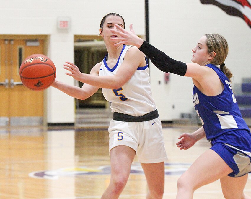 Seward's Haylie Sloup ignores the Columbus Lakeview defense Jan. 23 during the Bluejays' opening round Central Conference tournament win.