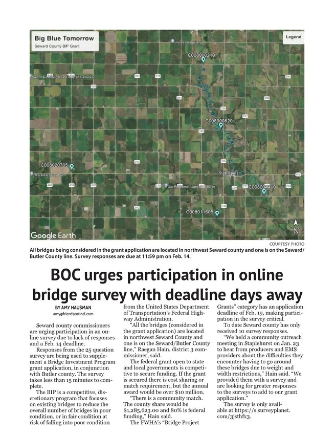 All bridges being considered in the grant application are located in northwest Seward county and one is on the Seward/Butler County line. Survey responses are due at 11:59 pm on Feb. 14.
