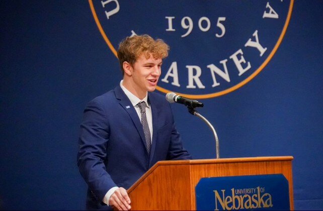Sam Schroeder, a graduate of Seward High School, delivers a speech after being elected student body president at the University of Nebraska at Kearney.