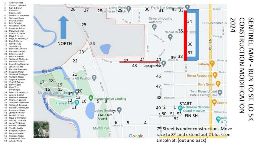 "The changes to the annual Run to St. Lo Memorial 5K (in red) for Saturday, June
1, at 7 a.m. The alternate course is in response to construction on Seventh Street."