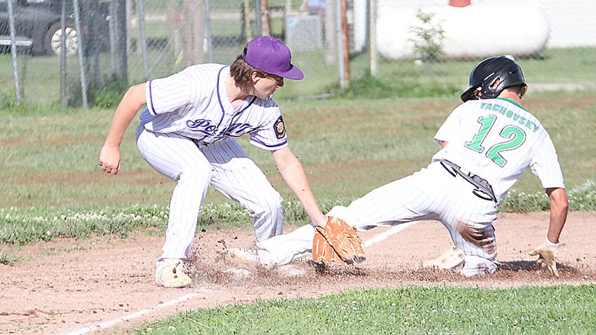 Max Roth of Milford doesn't quite get the tag down as Chase Tachovsky of Wilber steals third July 3.