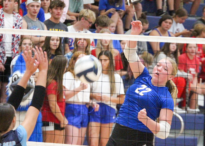 Seward's Jackie Eberspacher watches the ball head for the floor against Standing Bear Sept. 10. The Bluejays swept the Grizzlies.