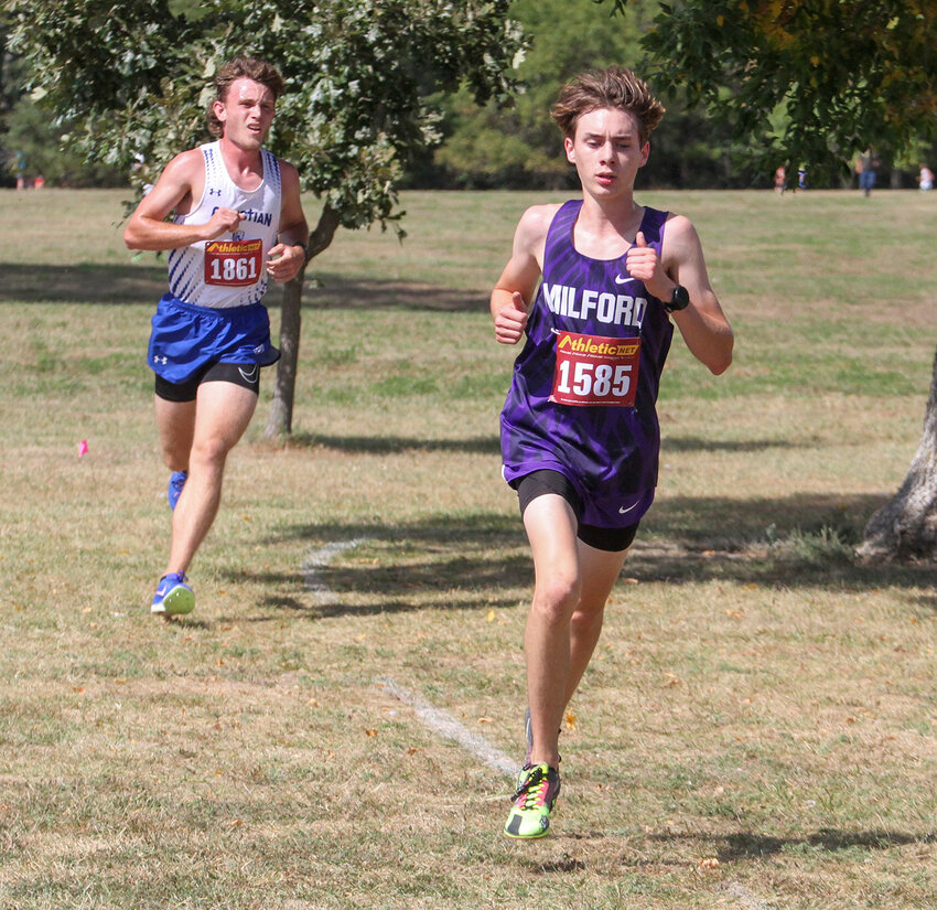 Avery Carter of Milford leads the field at the Bob Hoyer Invite Sept. 24. The race was run at Branched Oak Lake. Carter was the race winner.