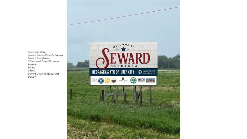 The new welcome signs for Seward will fit with the city’s branding. This is a mock-up, and the bottom portion of the sign that features the sponsor organizations is not yet complete.