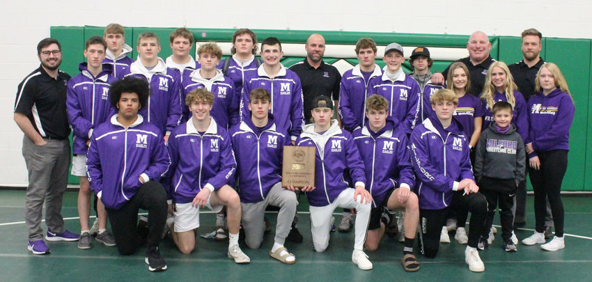 The Milford wrestling team won its first team title in the Southern Nebraska Conference Jan. 30, besting defending champion David City by two points.