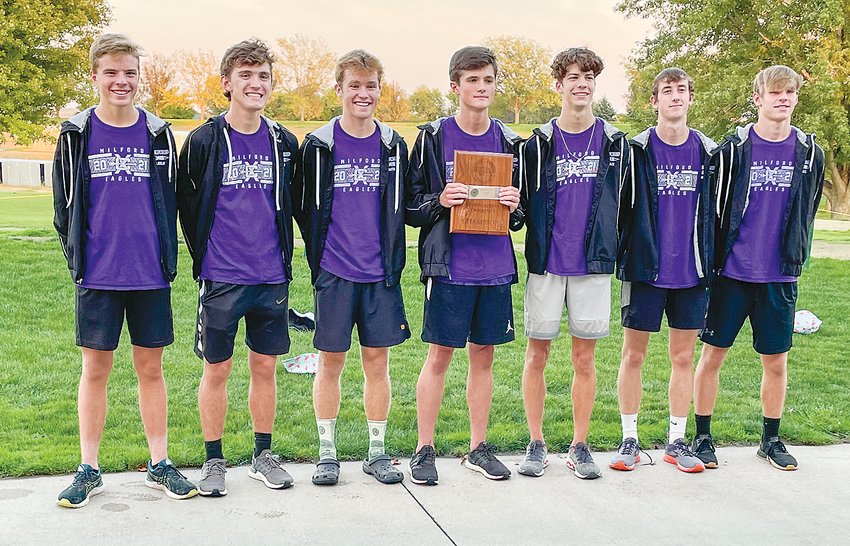 The Milford boys' cross country team finished with a perfect score at the Southern Nebraska Conference meet Oct. 7. Team members are, from left, Gavin Dunlap, Landon Lautzenhiser, Carter Roth, Kaleb Eickhoff, Maddox Baack, Hudson Mullet and Elliott Reitz.