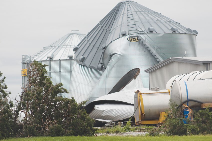 June 14 winds sucked in a grain bin at 378th Road and Highway 34. The National Weather Service reported peak wind speeds of up to 115 mph.