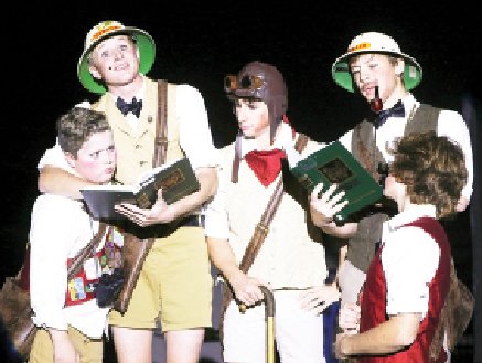 Malcolm High School students Reilly Carlson, Tyler Thieman, Cole Tiedeman, Brian Streeter and Lucas Brown act out a scene from the school&rsquo;s &ldquo;Jumanji the Musical&rdquo; production.